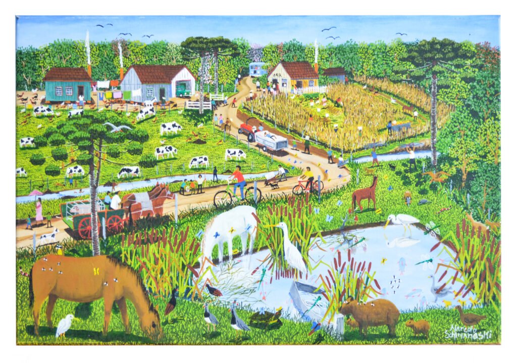 Pintura naïf de Marcelo Schimaneski intitulada "Brejo das Borboletas". Paisagem rural com brejo central repleto de aves aquáticas brancas, cavalos, vacas, plantações de milho, casas ao fundo e rica vegetação típica do campo paranaense.