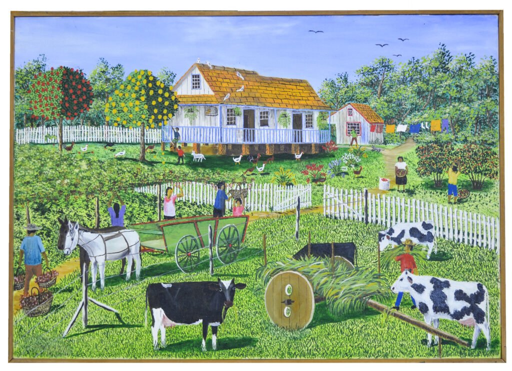 Pintura naïf de Marcelo Schimaneski intitulada "Colhendo Uva". Cena rural com casa de fazenda branca, jardim florido, vacas, cavalos com carroça, trabalhadores colhendo e crianças brincando no campo.