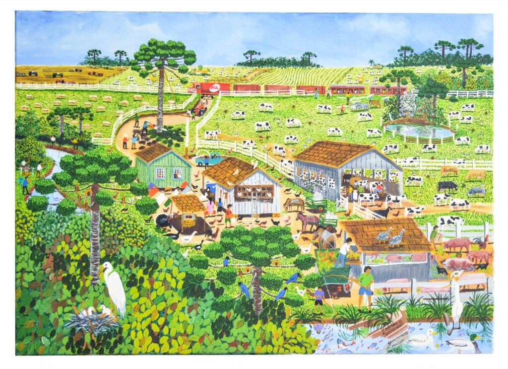 Pintura naïf de Marcelo Schimaneski intitulada "Derrubando a Floresta ou Derrubando o Gigante". Cena rural com fazenda, vacas, porcos, pássaros, vegetação exuberante, lago e trabalhadores no campo sob céu azul claro.
