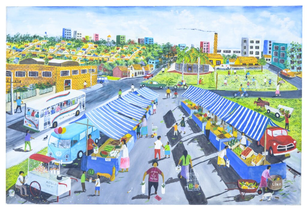 Pintura naïf de Marcelo Schimaneski intitulada "Feirinha". Feira de produtores ao ar livre com barracas de lona azul e branca, feirantes, frutas e verduras expostas, ônibus, kombi e carros coloridos ao redor.