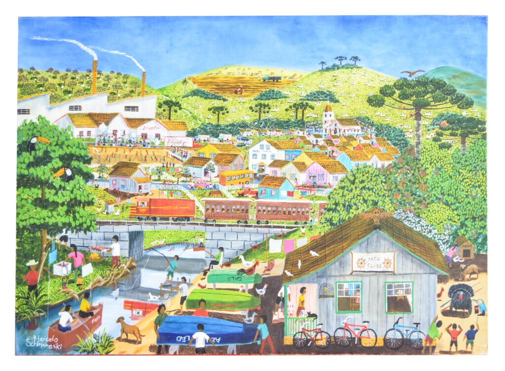 Pintura naïf de Marcelo Schimaneski intitulada "Iate Clube". Vista panorâmica de cidade com lago, trem vermelho, casas coloridas, araucárias, tucanos e o clube de barcos à beira d'água em primeiro plano.