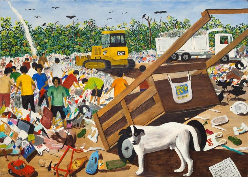 Pintura naïf de Marcelo Schimaneski intitulada "O Lixão". Cena urbana crítica com catadores, lixo espalhado, trator amarelo, caminhão de entulho e um cão branco em primeiro plano, cercados por vegetação ao fundo.