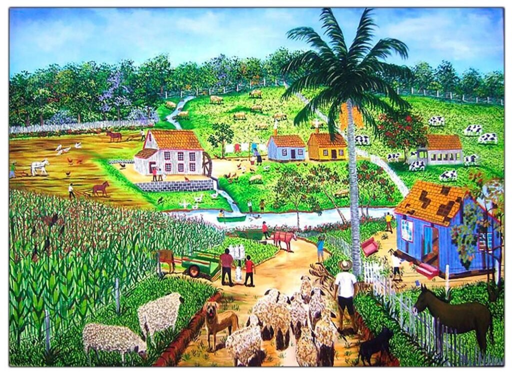Pintura naïf de Marcelo Schimaneski intitulada "Ovelhas". Paisagem rural exuberante com casas coloridas, palmeira central, animais como vacas e cavalos, trabalhadores no campo e vegetação tropical densa.