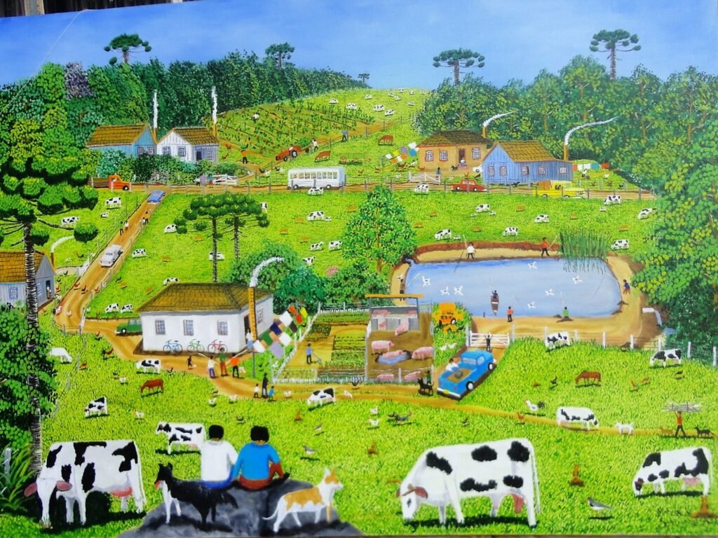 Pintura naïf de Marcelo Schimaneski intitulada "Pesque e Pague". Cena rural com lago central cercado por vegetação exuberante, vacas, porcos, galinhas, pescadores à beira d'água, casas ao fundo e araucárias ao horizonte.